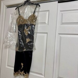 Black Midi Bodycon Dress with Gold Lace Trim